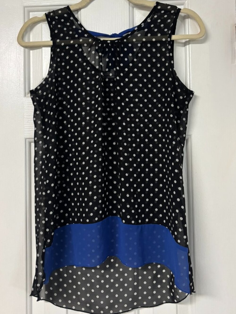 Speechless Juniors Black White Polka Dot Chiffon Top Royal Blue Bow XL